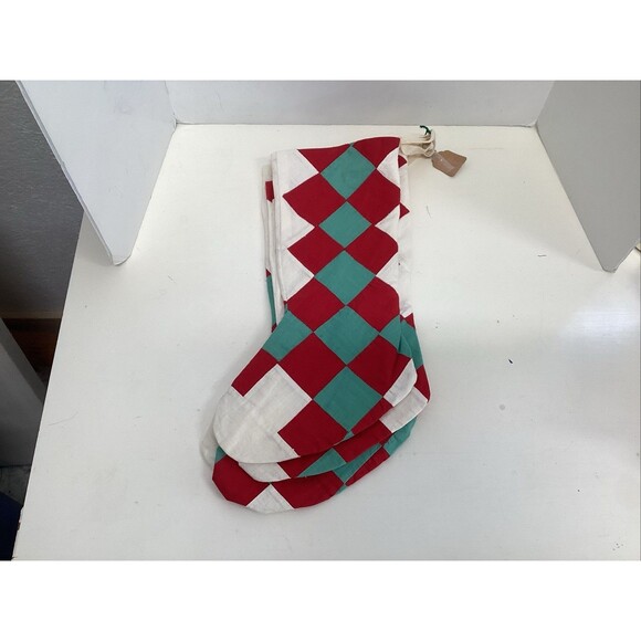 christmas stockings set of 4 patchwork quilted red, white, aqua diamond pattern - Picture 1 of 6